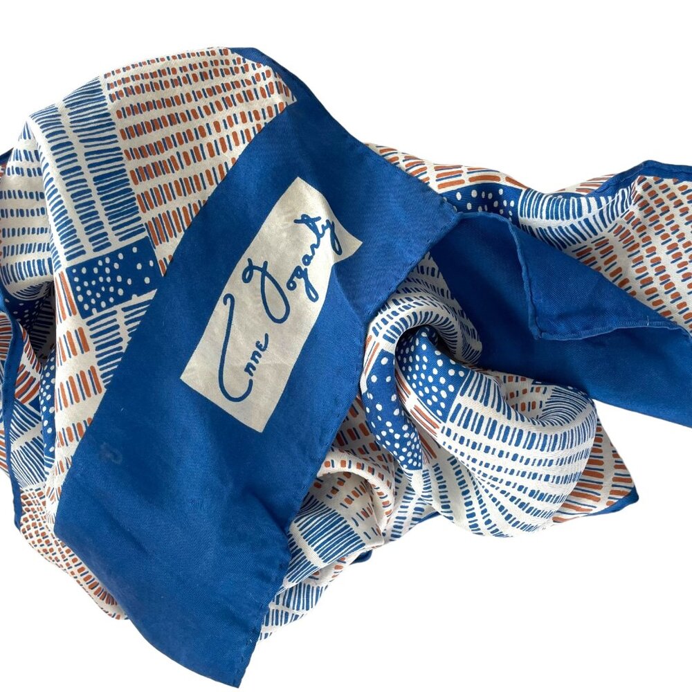 Vintage 70s Anne Fogarty Silk Scarf Blue Tan Plaid Rectangle 46"